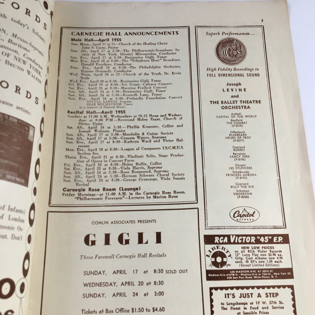 Inside page of the 1955 Carnegie Hall Philharmonic-Symphony Society with announcements for events, including performances from April 1955.