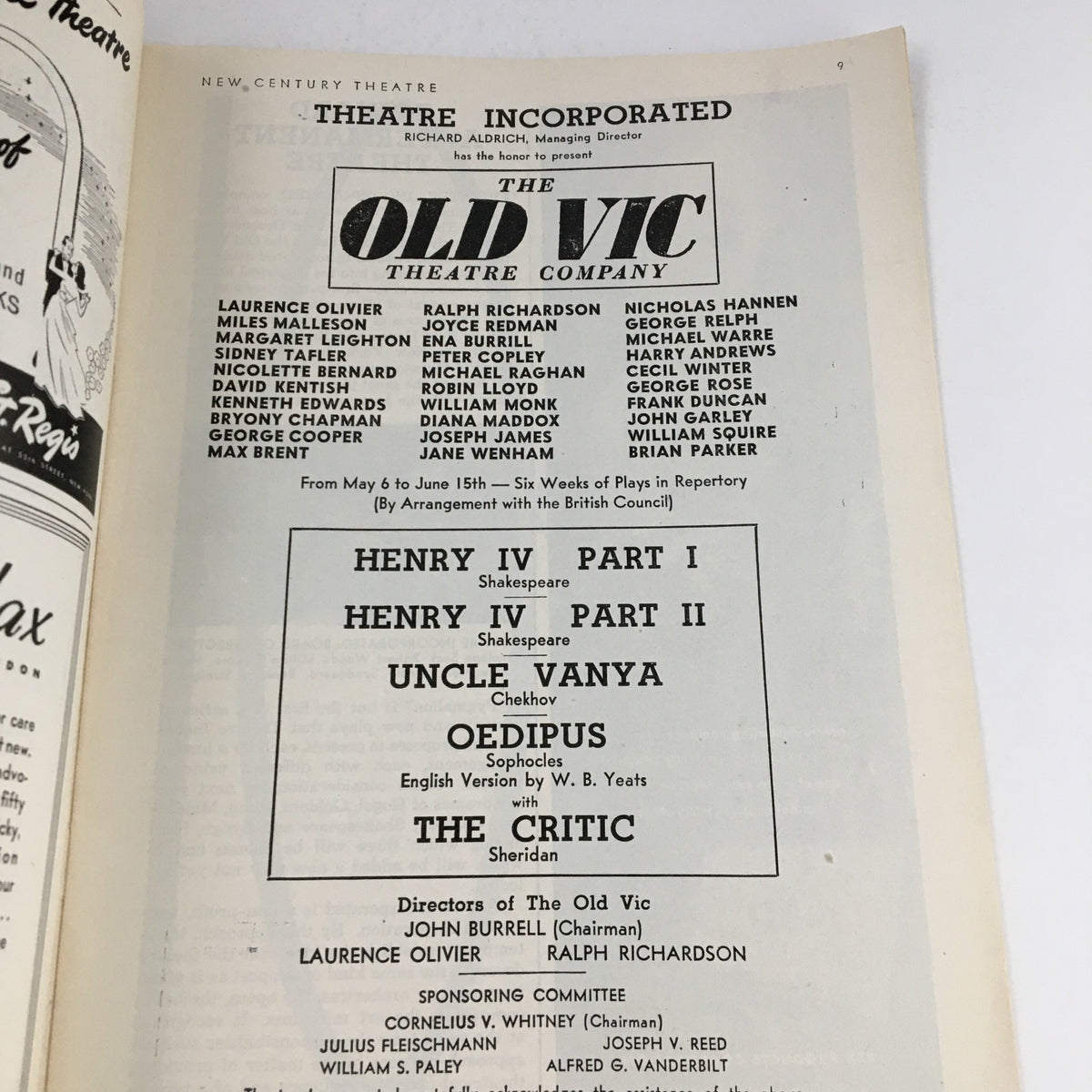 1946 Playbill for Henry IV Part 1 by William Shakespeare featuring The Old Vic Theatre Company cast list and production details.