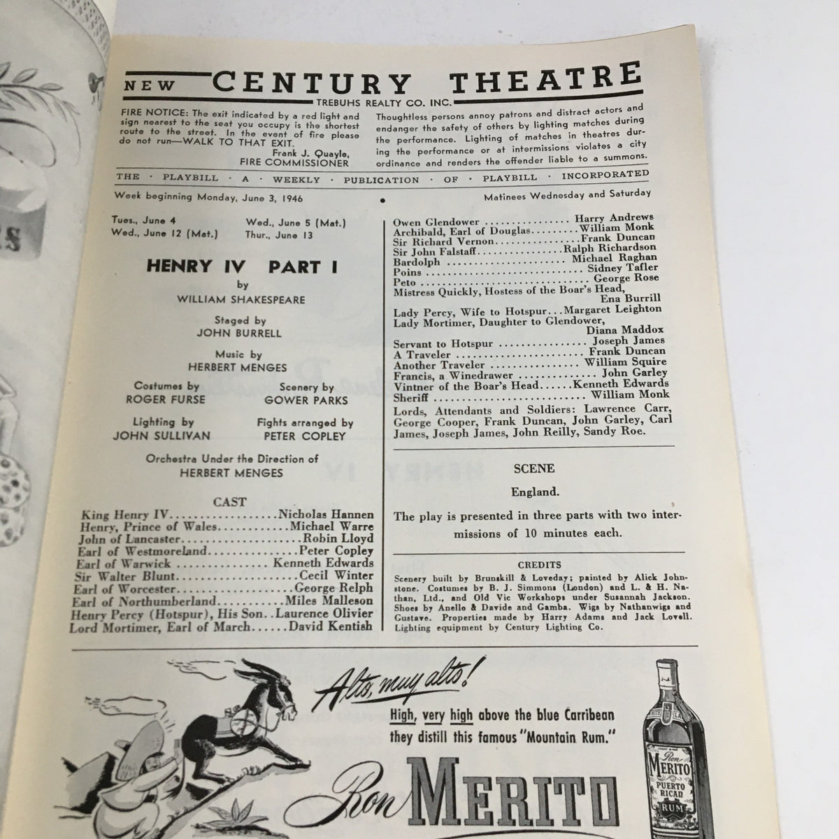 1946 Playbill for Henry IV Part 1 by William Shakespeare including detailed staging information and cast for The Old Vic Theatre Company's performance.