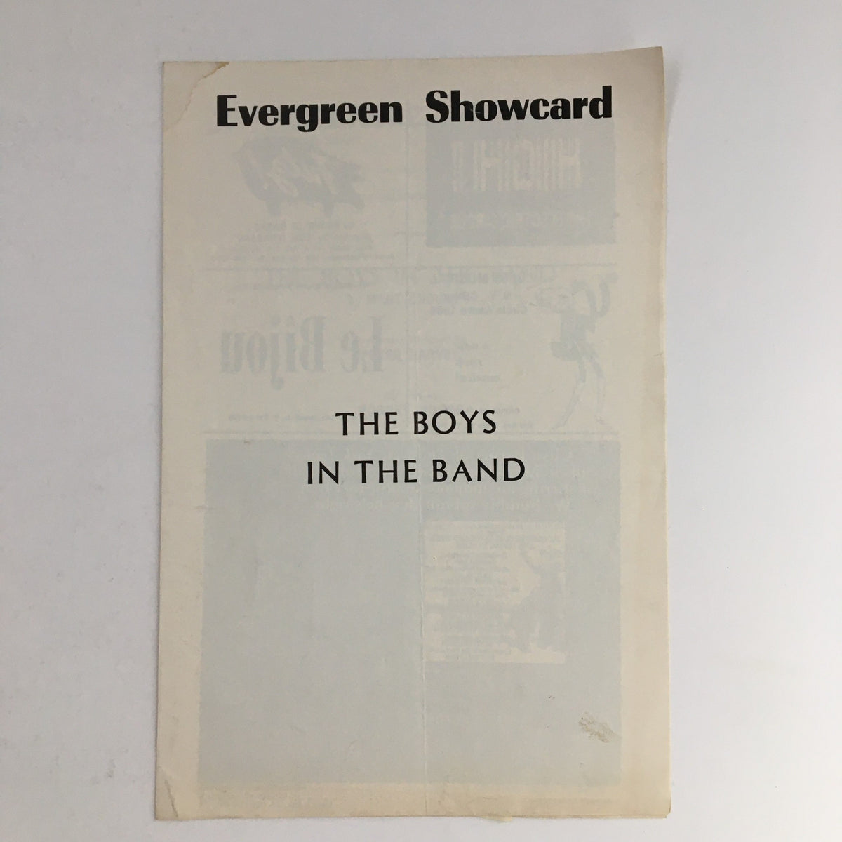 1968 Evergreen Showcard Theatre promotional magazine cover featuring 'The Boys in the Band' by Mart Crowley, showcasing vintage design elements.