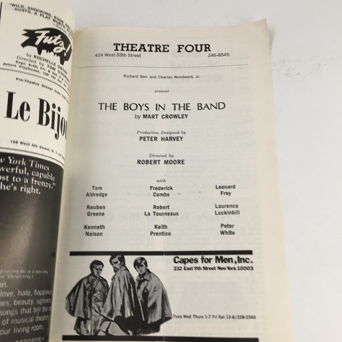 Inside spread of the 1968 Evergreen Showcard Theatre magazine highlighting 'The Boys in the Band' by Mart Crowley, detailing cast and production design.