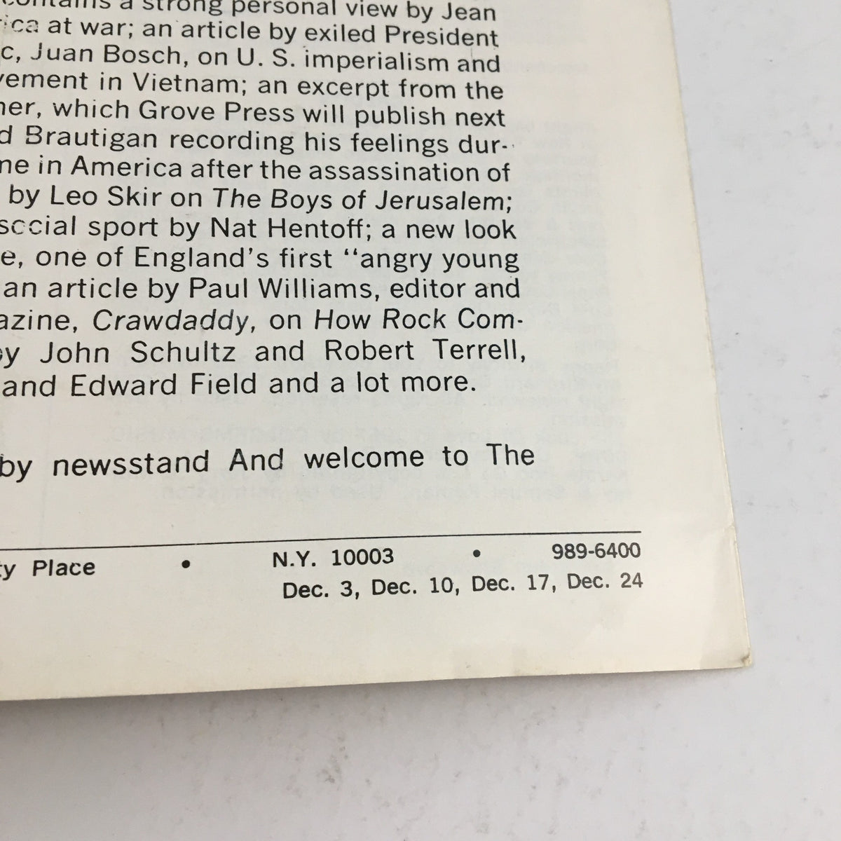 Back cover of the 1968 Evergreen Showcard Theatre magazine featuring articles and ads related to 'The Boys in the Band' and the era's cultural commentary.
