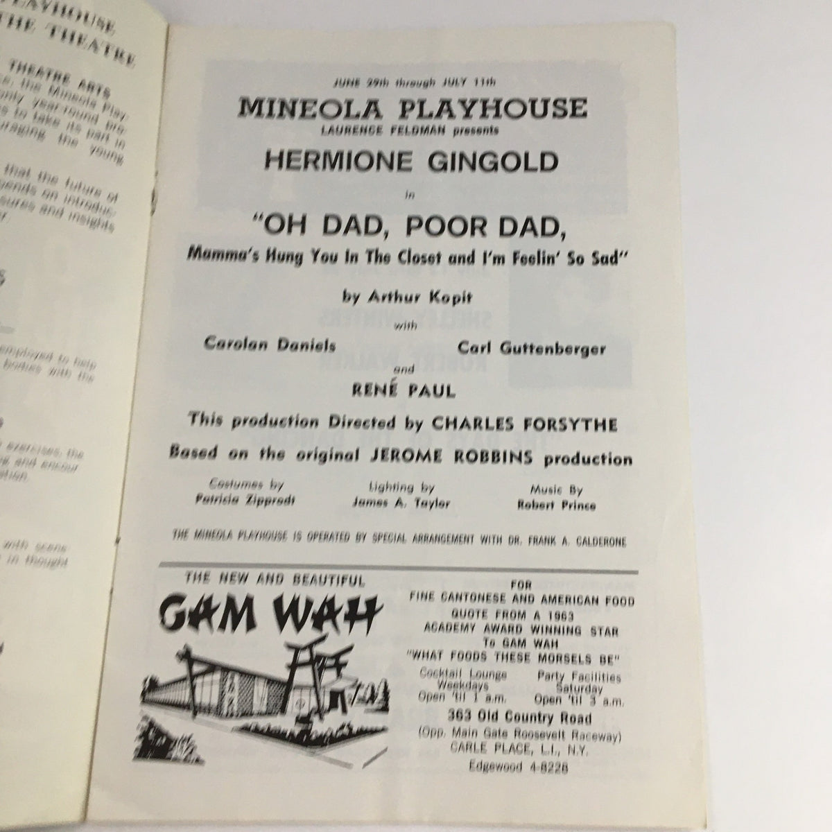 Interior page of the 1963 Stagebill from Mineola Playhouse presenting details of the play Oh Dad, Poor Dad by Arthur Kopit, including cast and production notes.
