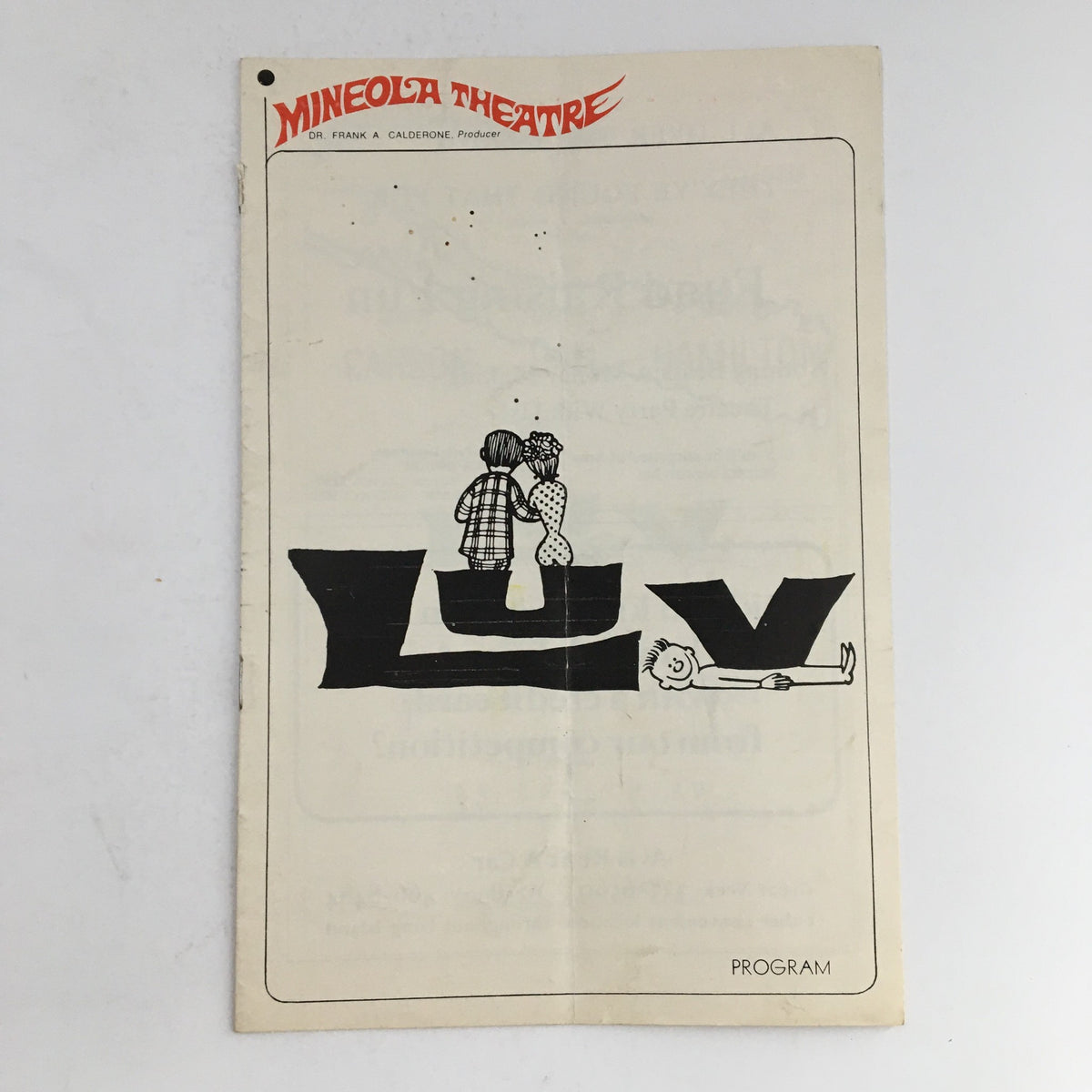 1967 Mineola Theatre Program cover featuring a playful illustration for "Luv" by Murray Schisgal, showcasing two characters in a romantic pose and a whimsical design.