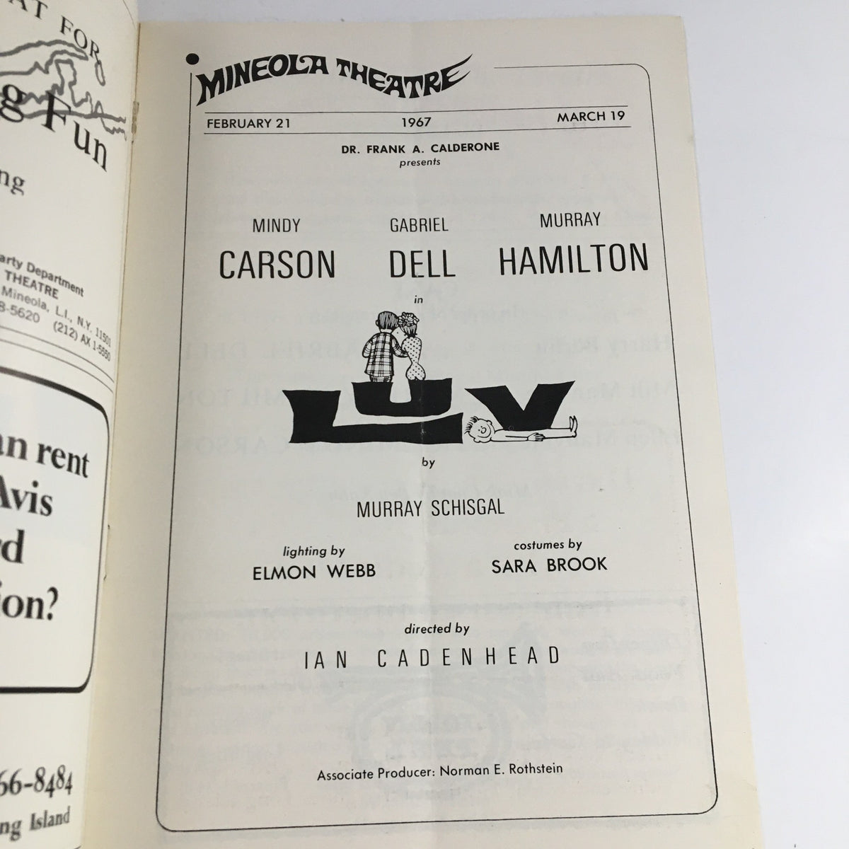 1967 Mineola Theatre Program featuring Dr. Frank Calderone's presentation of 'Luv' by Murray Schisgal, showcasing cast members Mindy Carson, Gabriel Dell, and Murray Hamilton, directed by Ian Cadenhead.