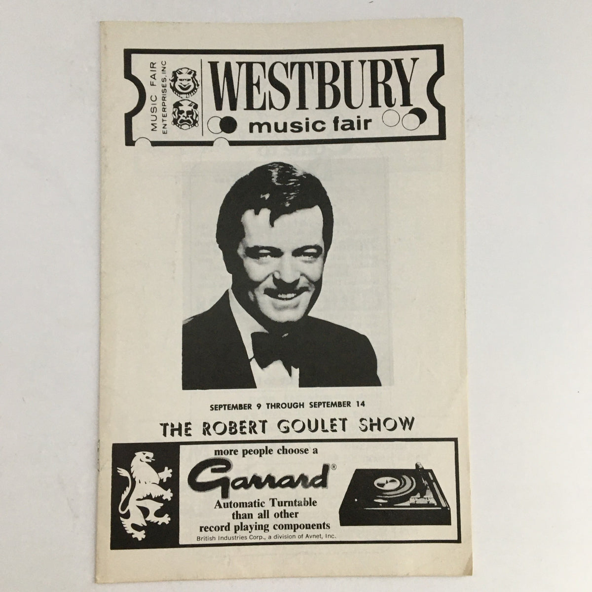 1964 Westbury Music Fair program cover featuring The Robert Goulet Show, showcasing a smiling Robert Goulet in a formal suit.