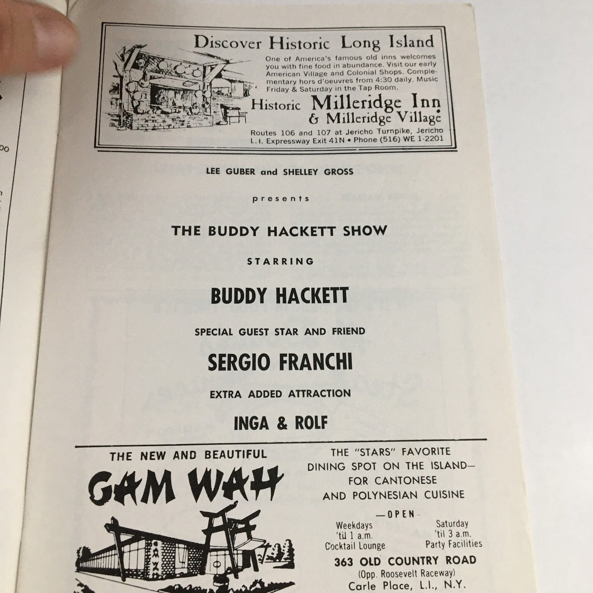 Inside view of the 1971 Westbury Music Fair L. Gubber & Shelly Gross Present The Buddy Hackett Show booklet with information about the performers and sponsors.
