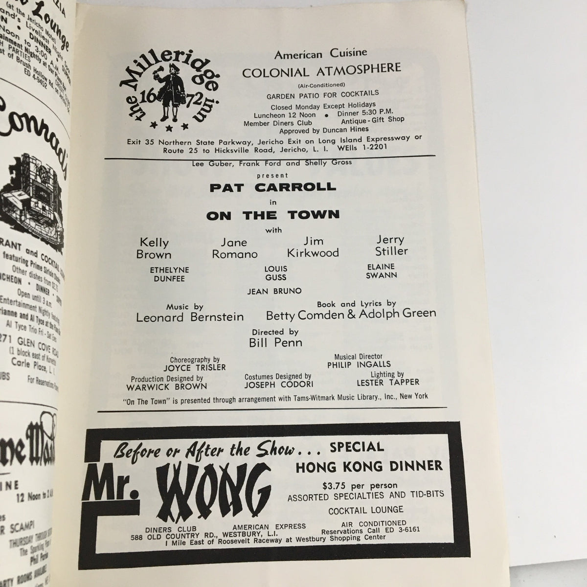 Vintage advertisement page featuring cast details from the 1961 Season Westbury Music Fair's production of On The Town starring Pat Carroll, along with additional cast members and crew, highlighting the theatrical atmosphere of that era.