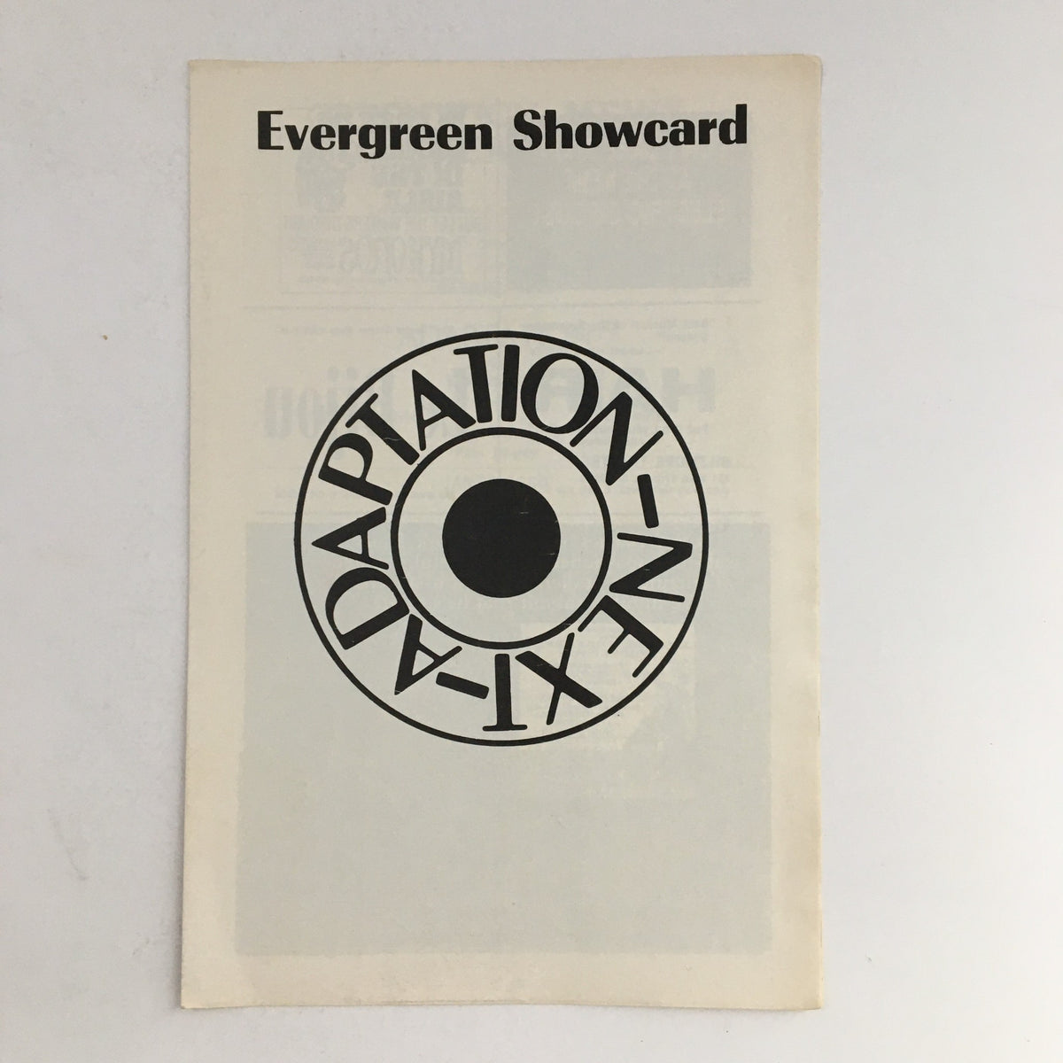 1971 Greenwich Mews Theatre showcase featuring the title 'ADAPTATION' prominently displayed, a vintage promotional material for the play by Elaine May.