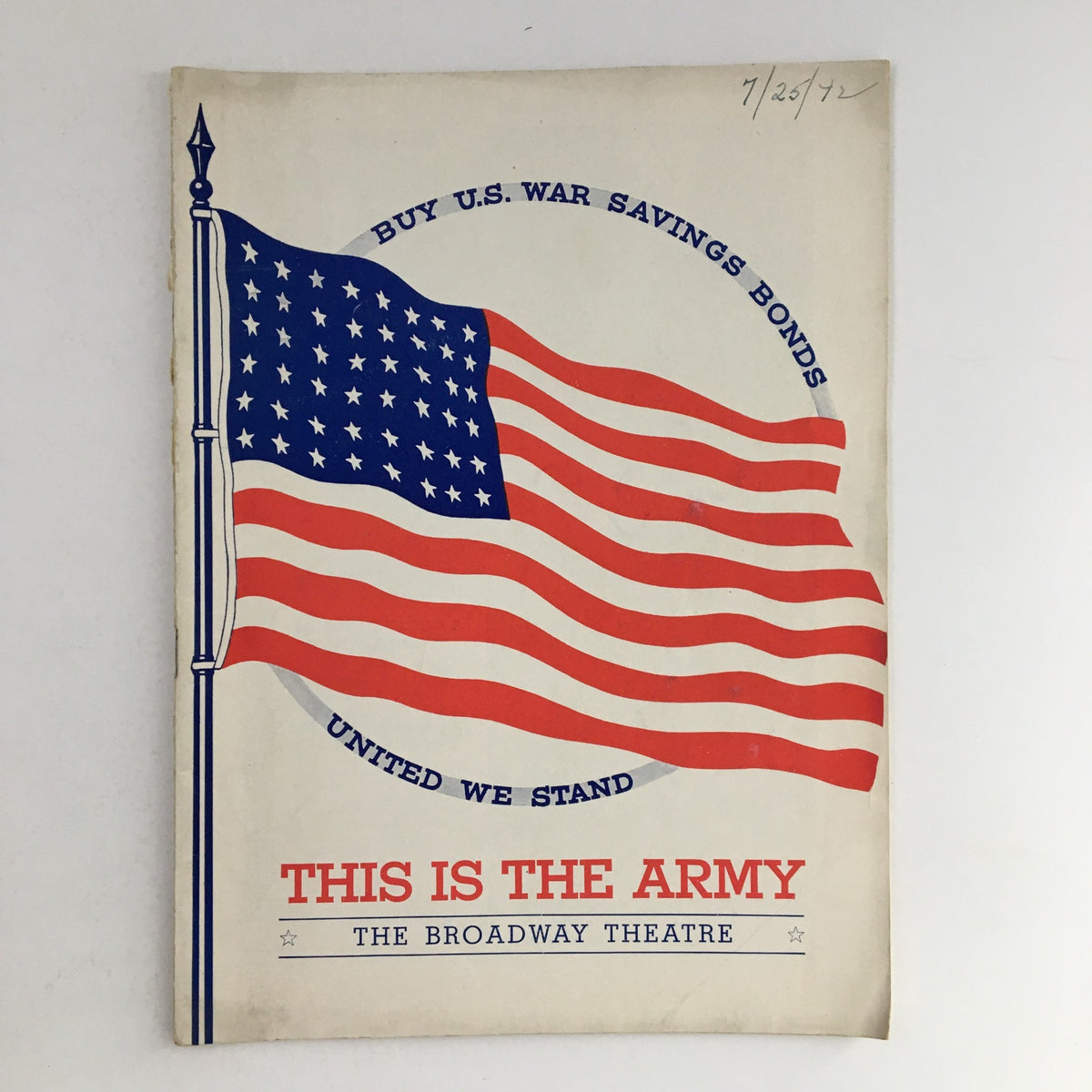 Cover of the 1942 Playbill for This Is The Army at The Broadway Theatre featuring an American flag and text promoting U.S. War Savings Bonds.