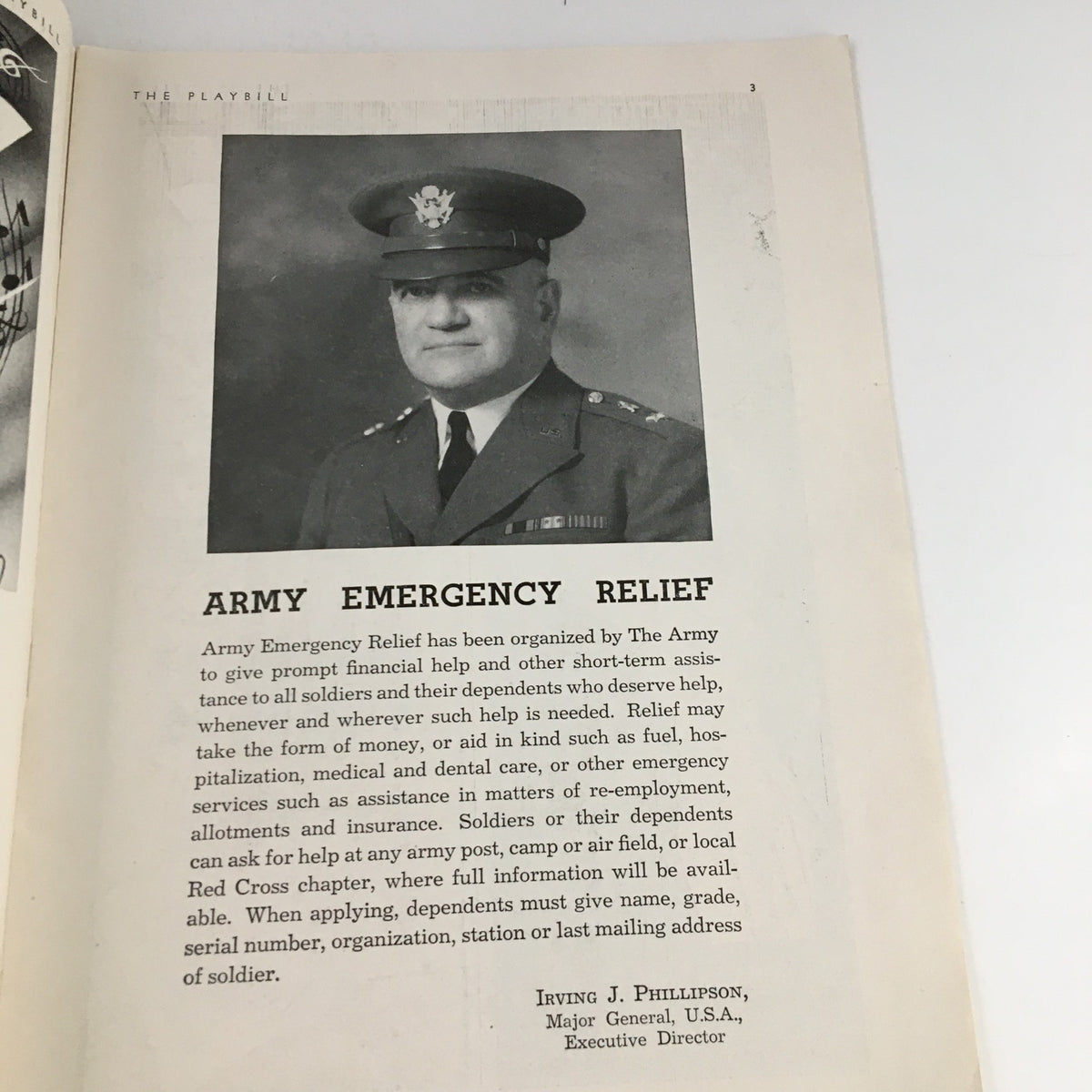 Inside page of the 1942 Playbill for This Is The Army showcasing an article about Army Emergency Relief, highlighting the support for soldiers and their families.