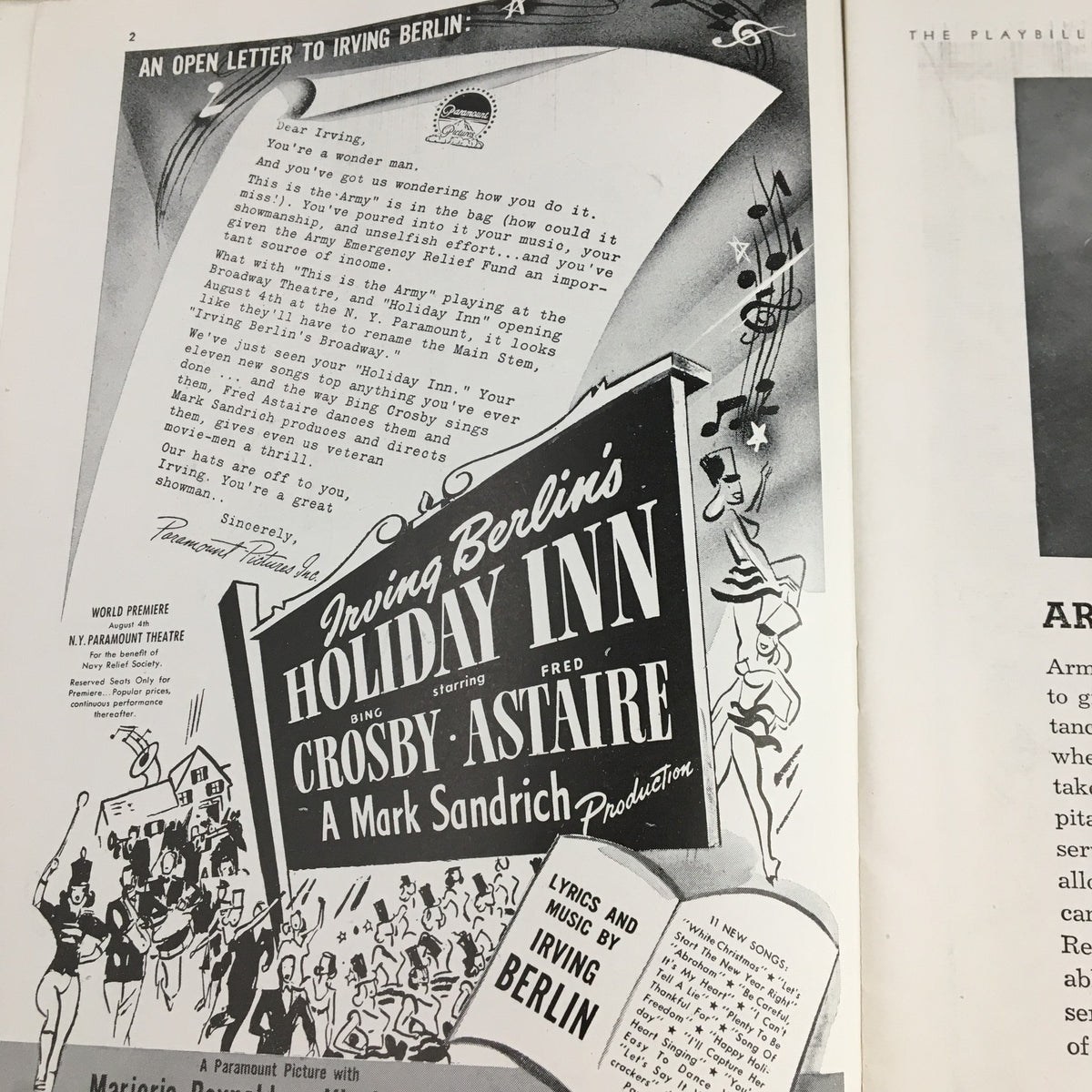 Vintage advertisement for Irving Berlin's Holiday Inn, featured in the 1942 Playbill for This Is The Army, showcasing the connection of musical theater to American culture during World War II.