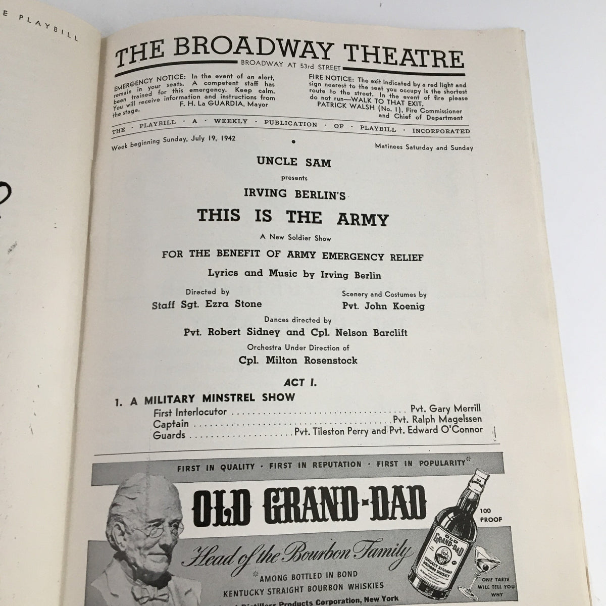 The opening page of the 1942 Playbill for This Is The Army at The Broadway Theatre, including cast details and production credits.