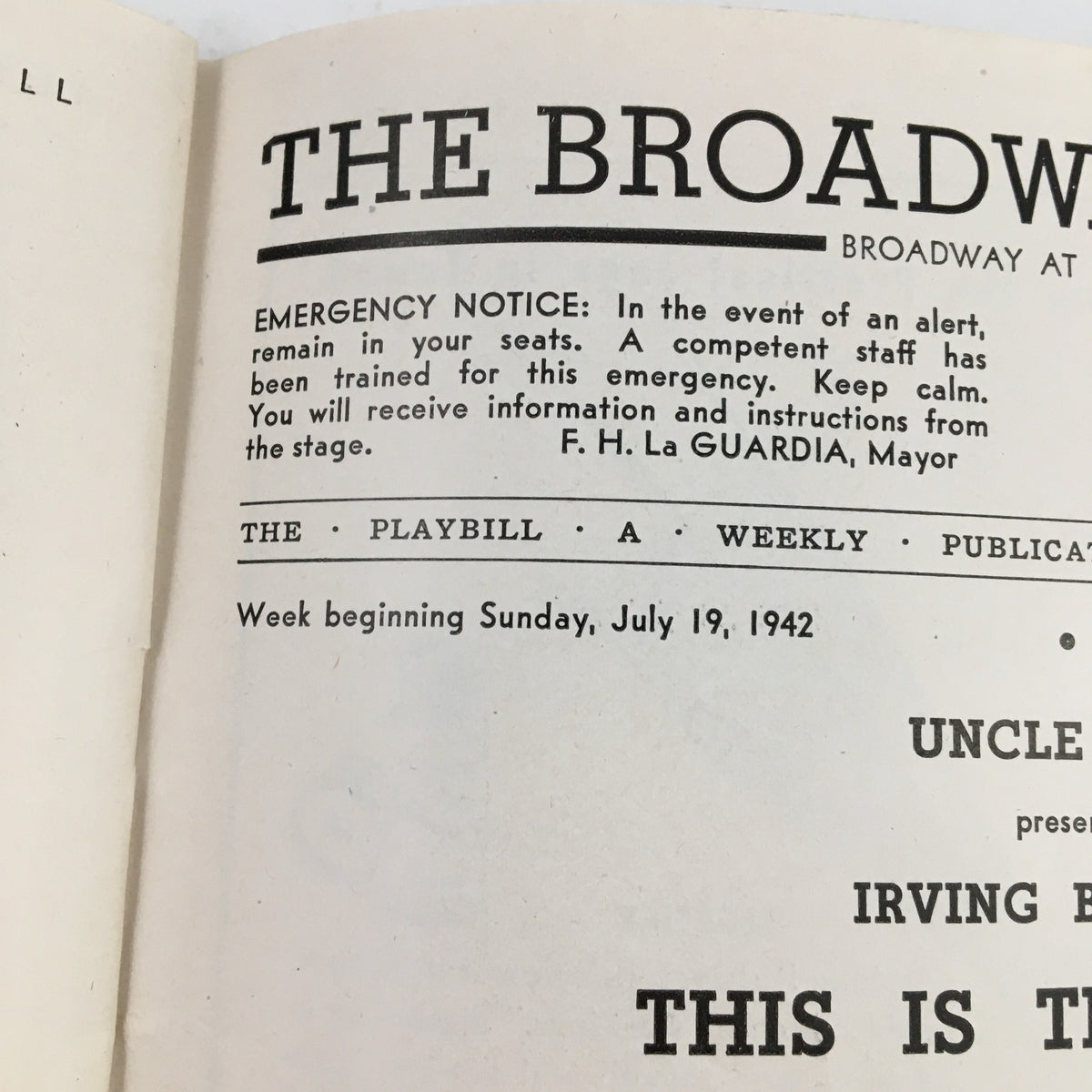 Emergency notice on the opening page of the 1942 Playbill for This Is The Army, highlighting safety procedures during the show at The Broadway Theatre.