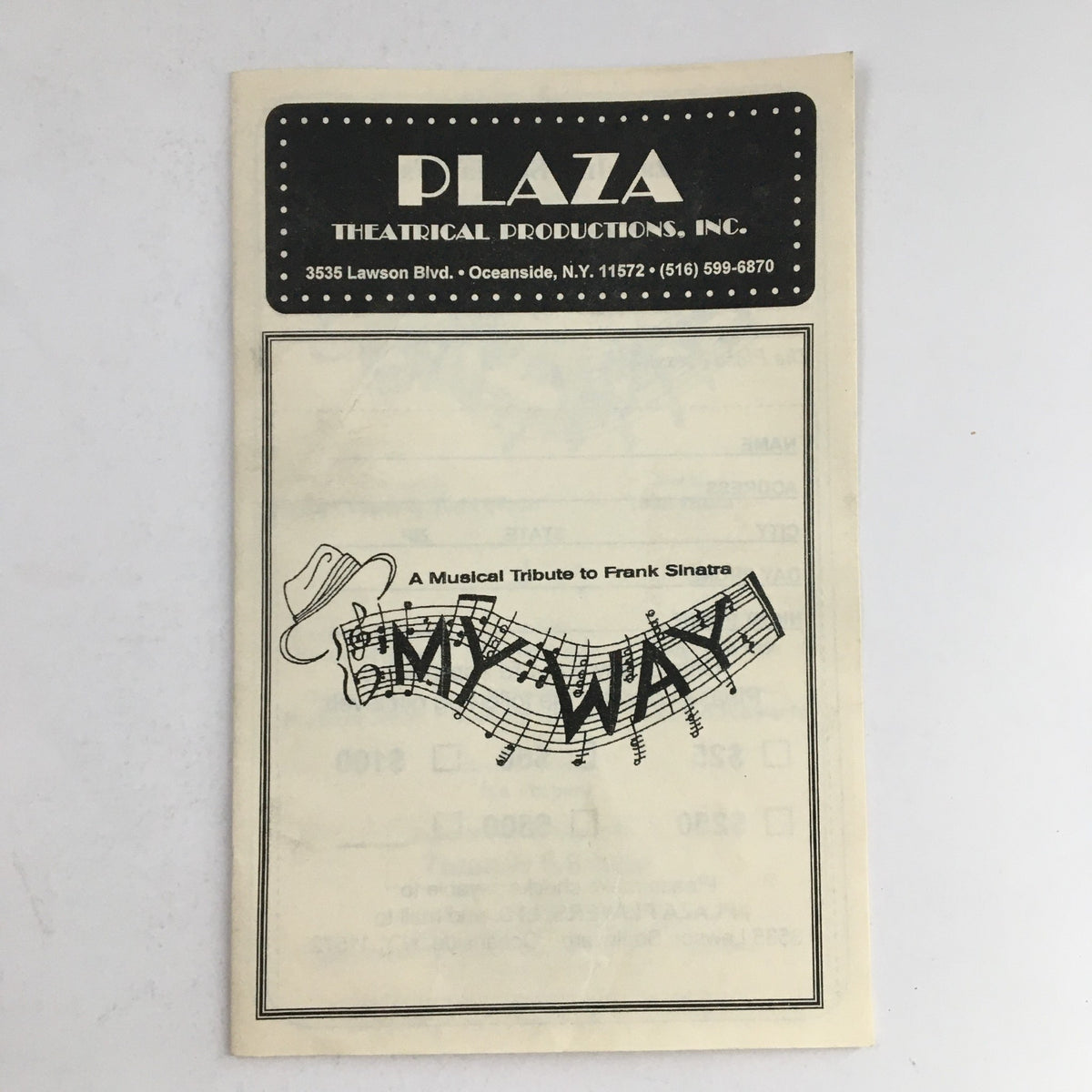 Cover of the 1960 Plaza Theatrical Productions A Musical Tribute to Frank Sinatra brochure, featuring musical notes and a hat with the title 'My Way'.