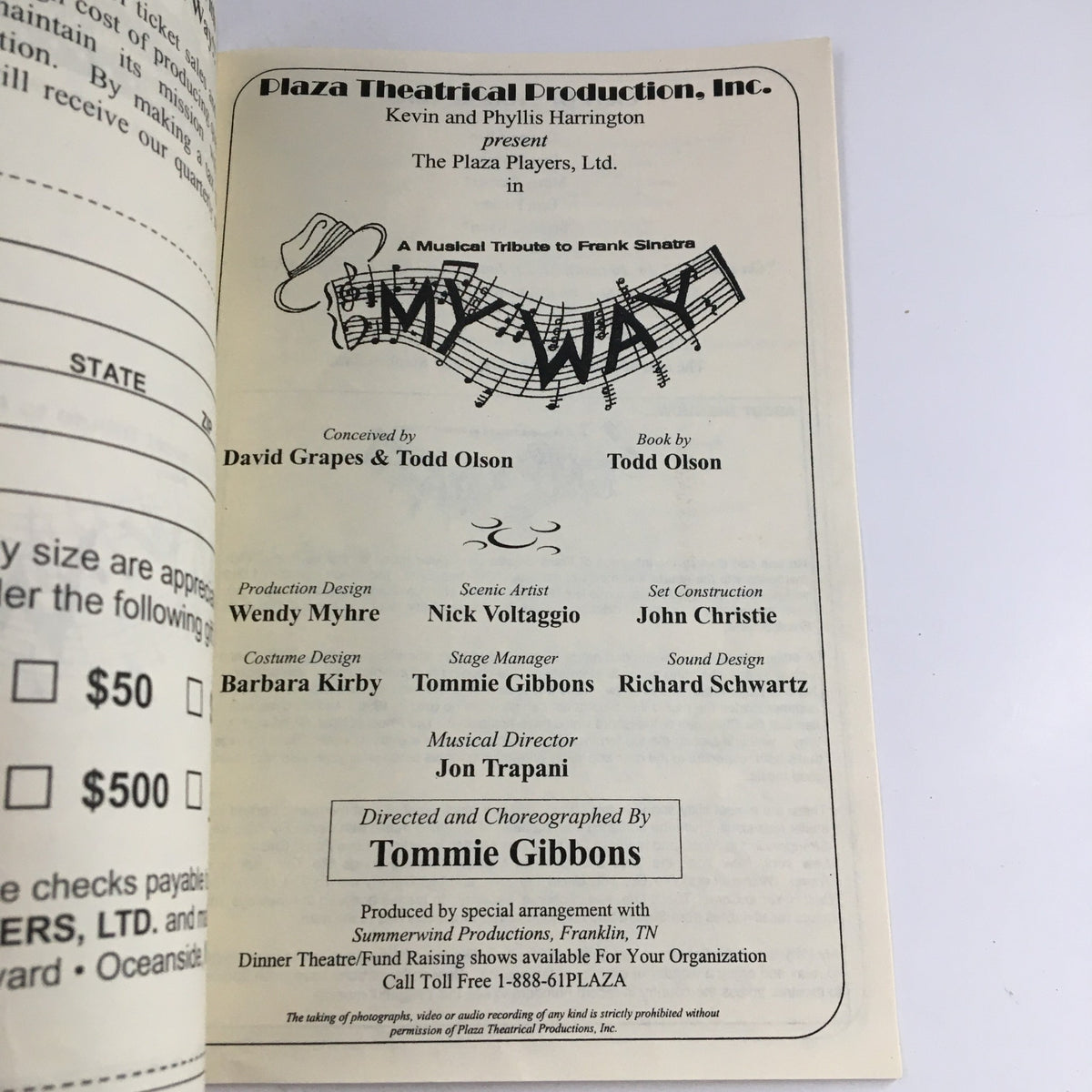 Inside page of the 1960 Plaza Theatrical Productions A Musical Tribute to Frank Sinatra brochure, listing production credits and contributions from various artistic directors.