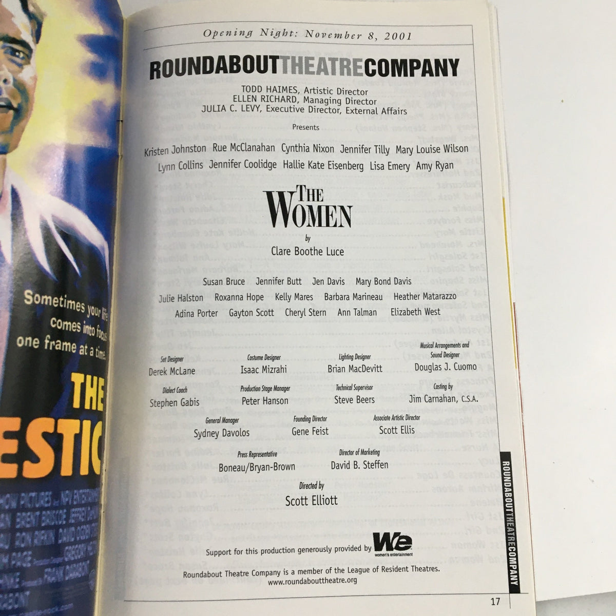 Inside page of the 2001 Stagebill for Roundabout Theatre Company, showcasing the cast list and production team for Clare Boothe Luce's The Women.