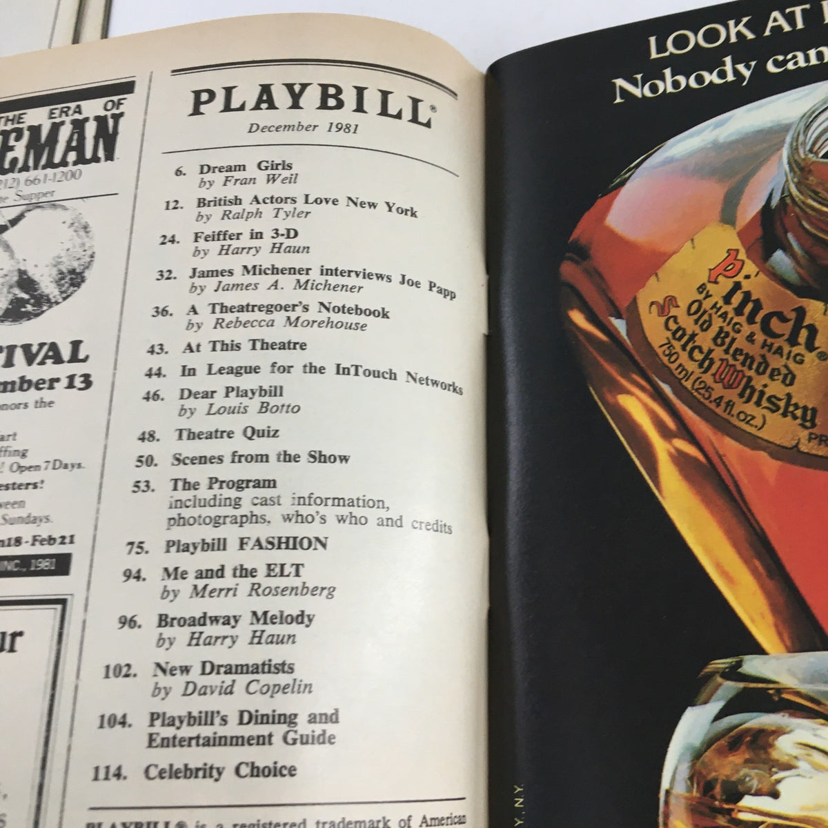 Interior page of the 1981 Playbill for Dancin' Musical, including a table of contents and program details.