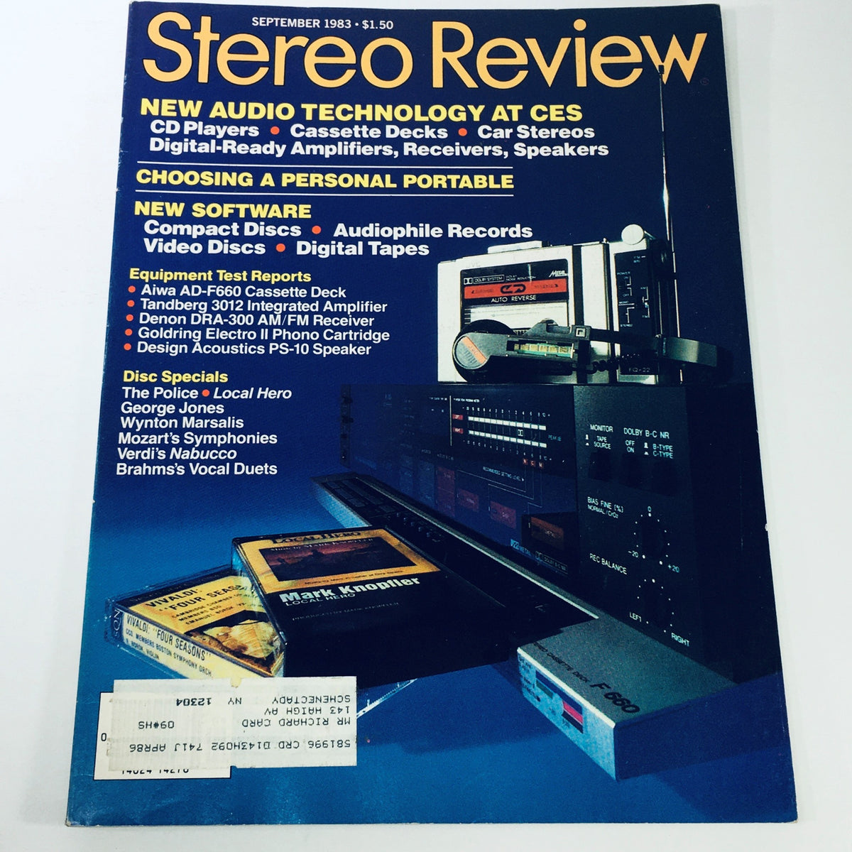 Cover of the September 1983 issue of Stereo Review Magazine featuring articles on The Police and George Jones, showcasing vintage audio technology including a cassette deck and CDs, priced at $1.50.
