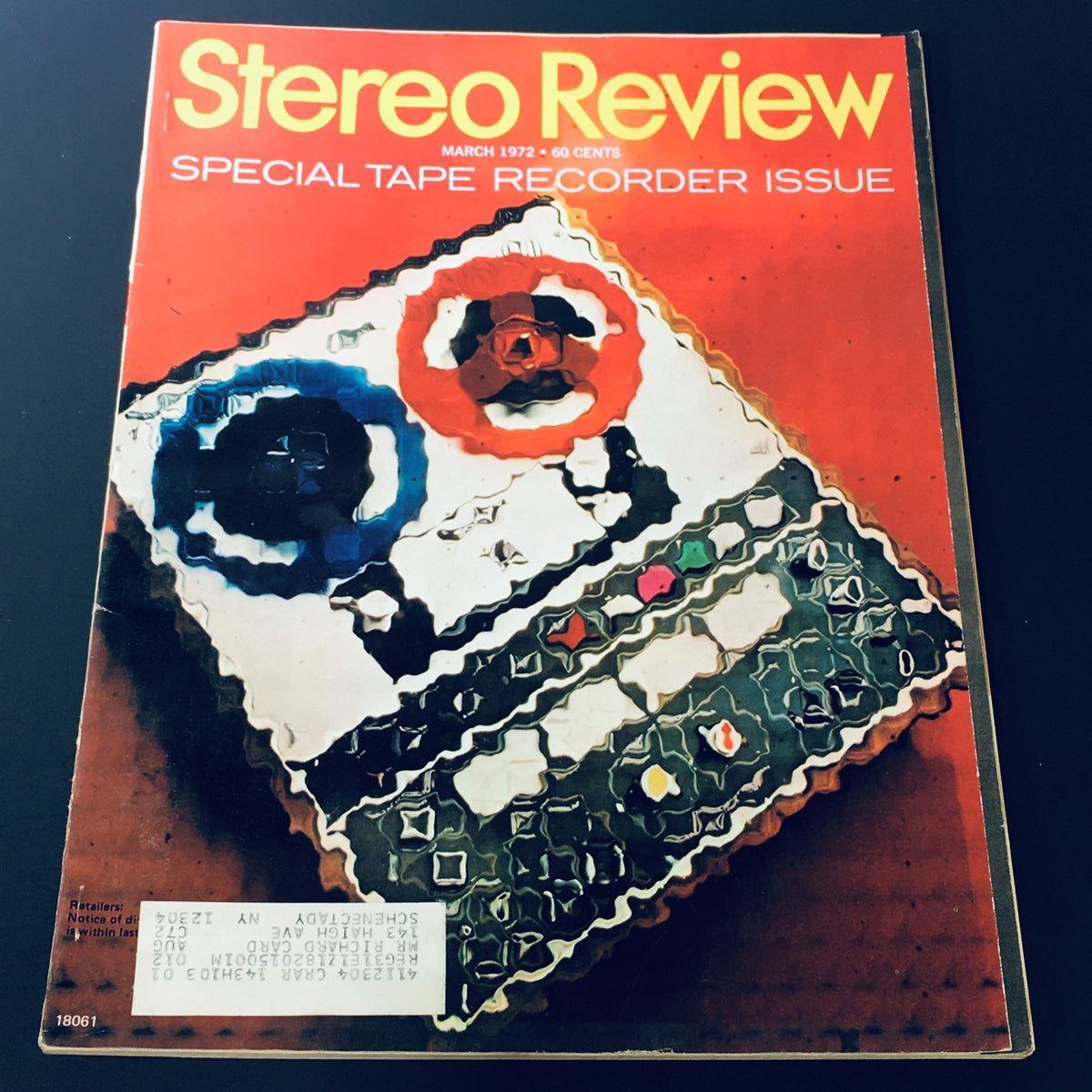 Vintage Stereo Review Magazine March 1972, featuring a special tape recorder issue with a bold cover design showcasing a colorful tape recorder, a must-have for collectors and audiophiles.