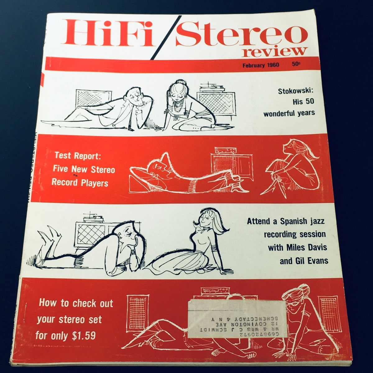 Cover of the VTG HiFi Stereo Review Magazine February 1960 featuring an illustration of people engaged with stereo equipment, celebrating Leopold Stokowski at 50 years, and including articles on music and audio technology.