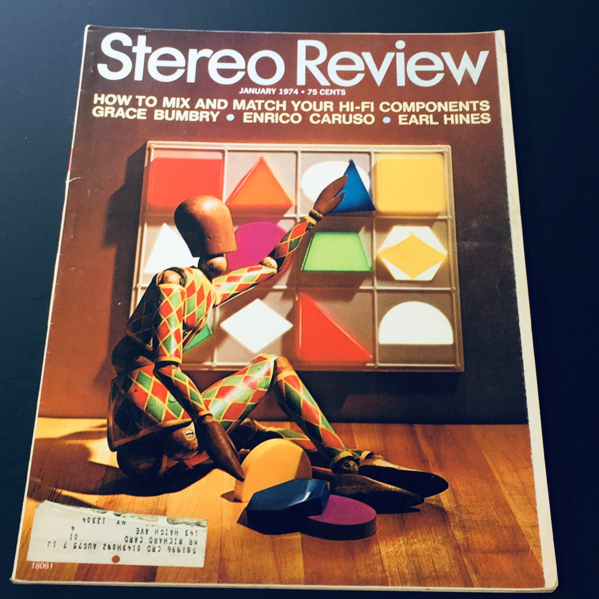Cover of VTG Stereo Review Magazine January 1974 featuring a colorful artistic arrangement of shapes, with the text highlighting Grace Bumbry, Enrico Caruso, and Earl H. The magazine showcases retro design elements and is a collectible piece for music enthusiasts.