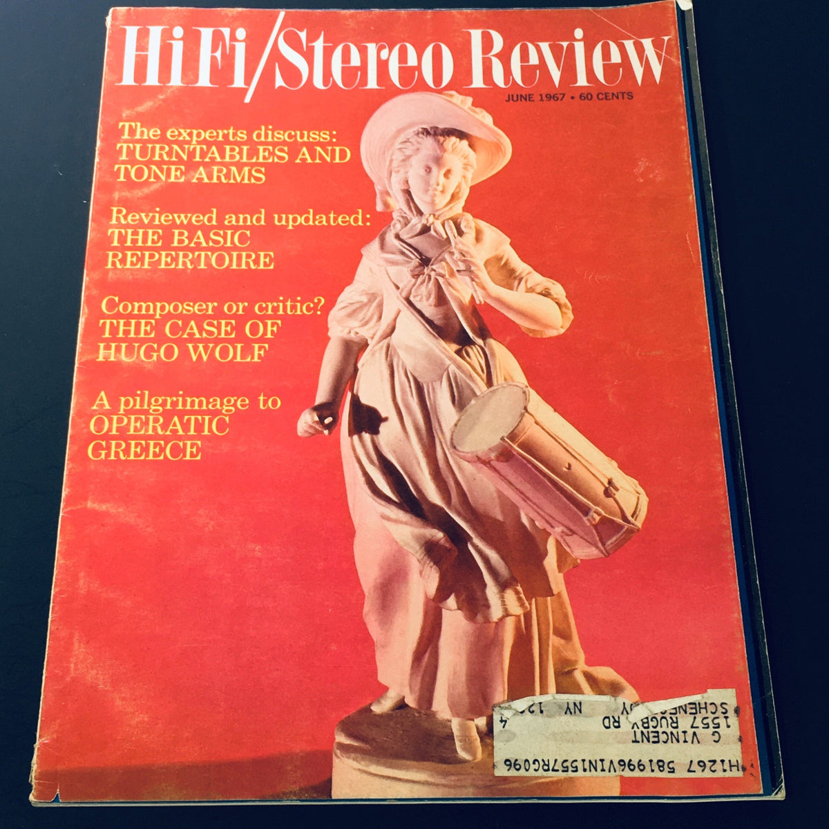 Cover of VTG HiFi Stereo Review Magazine June 1967 featuring a figurine playing a drum, with highlighted sections discussing turntables, music repertoire, and a pilgrimage to operatic Greece.