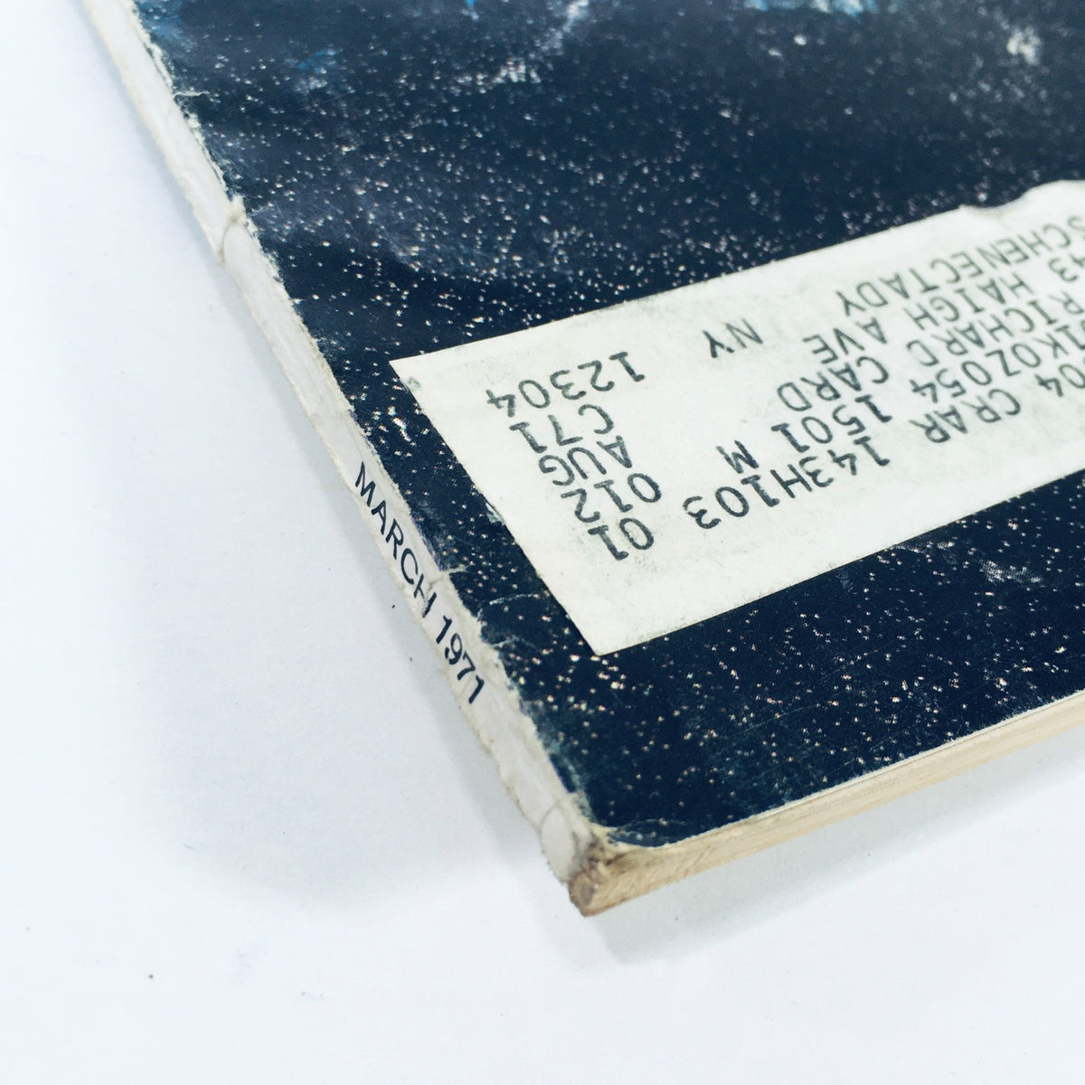 Close-up of the vintage 'Stereo Review Magazine March 1971', showing the address label and publication date on the cover.