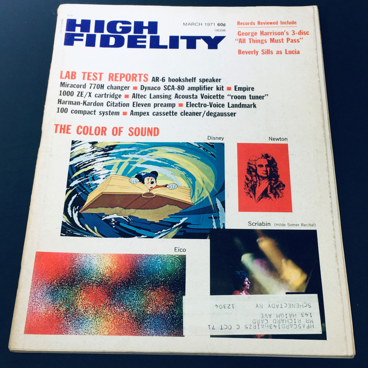 Cover of VTG High Fidelity Magazine March 1971 featuring the title 'The Color of Sound', illustrations of Disney characters, and images of Sir Isaac Newton and composer Alexander Scriabin, highlighting music topics from the era.