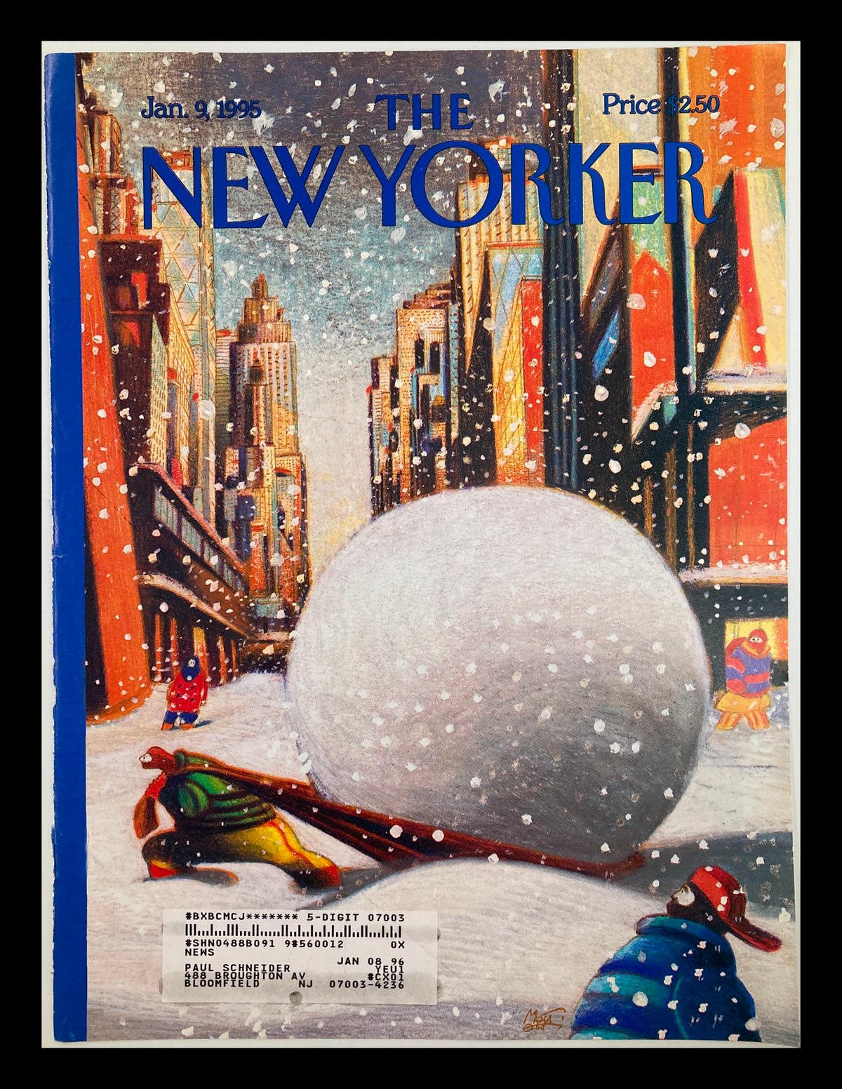 Cover of The New Yorker, January 9, 1995, featuring the artwork titled 'Snow Hawl' by Lorenzo Mattotti, depicting a snowy scene with a large snowball and people in winter attire.
