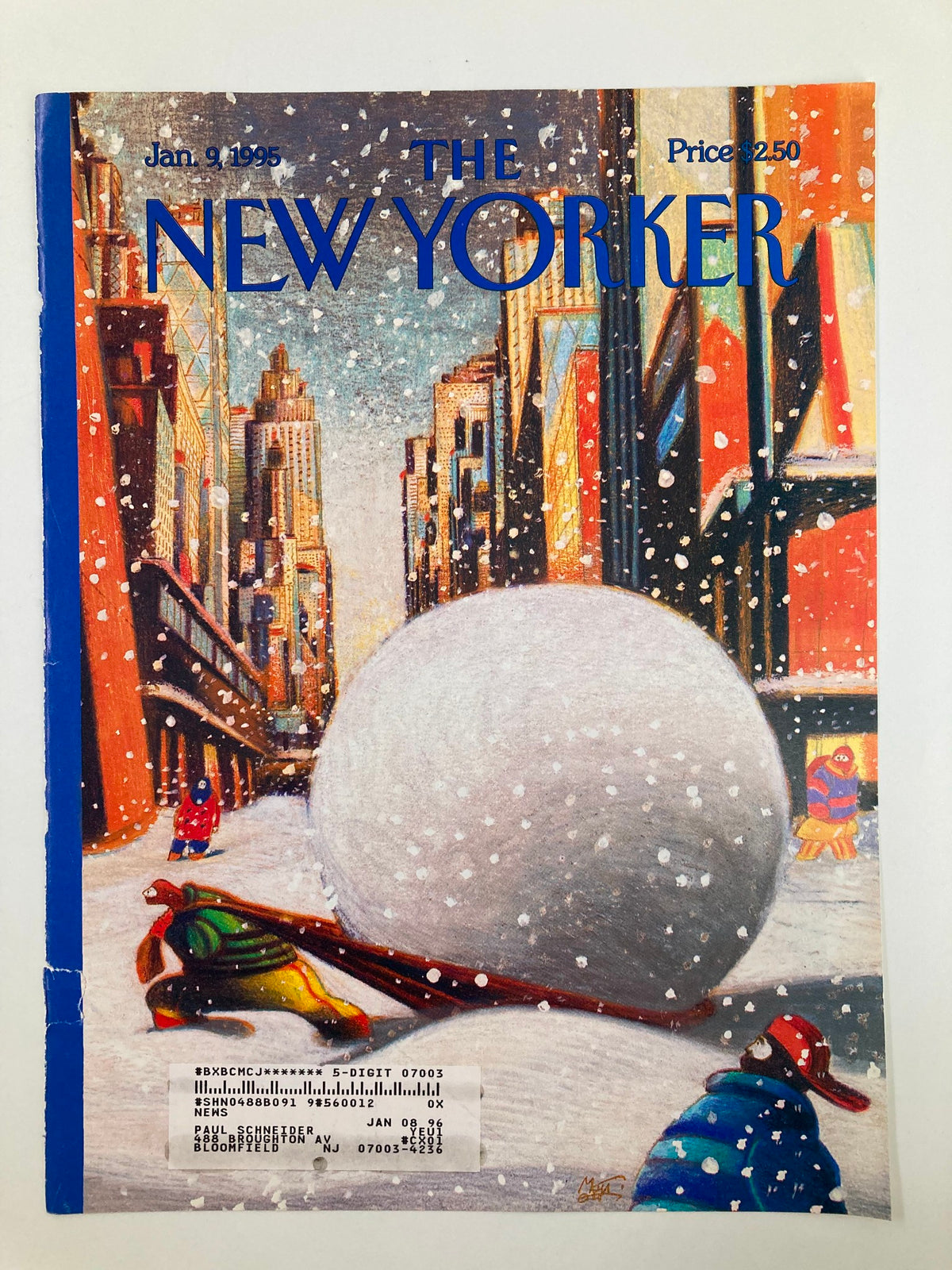 The New Yorker magazine cover from January 9, 1995, titled 'Snow Hawl' by Lorenzo Mattotti, showcasing a vibrant winter landscape with characters playing in the snow.