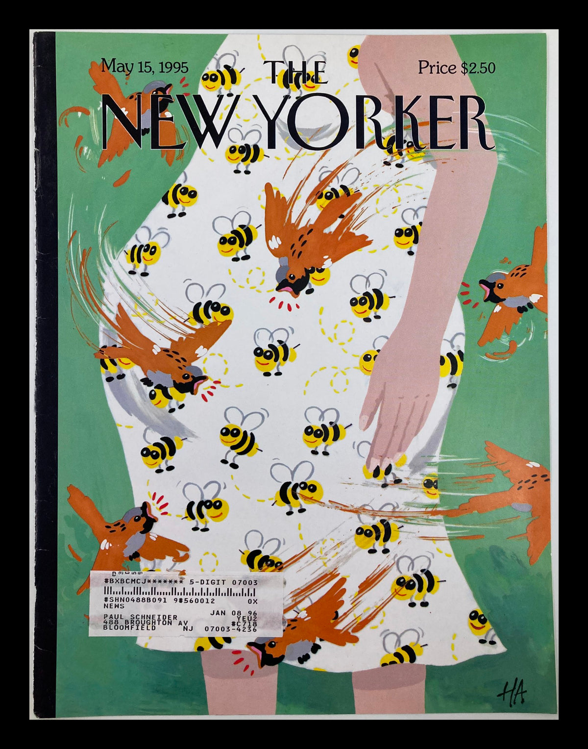 The New Yorker Cover May 15 1995 - Mother's Day by Bob 'HA' Zoell featuring vibrant illustrations of bees and birds on a dress.
