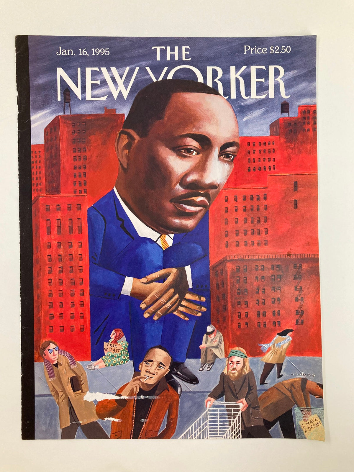 The New Yorker Cover January 16 1995 showcasing Martin Luther King Jr. by M. Ulriksen, capturing a striking visual of the civil rights leader amidst a backdrop of urban environment.