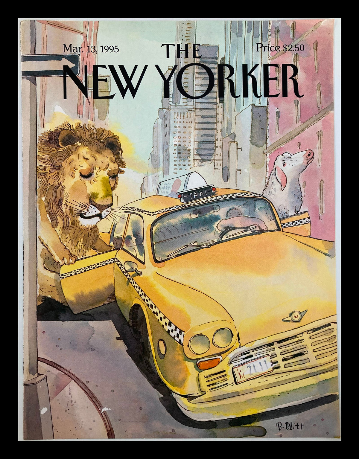Cover only of The New Yorker March 13, 1995, featuring the illustration 'Rides of March' by Barry Blitt, depicting a lion and a polar bear in a yellow taxi amidst a city backdrop.