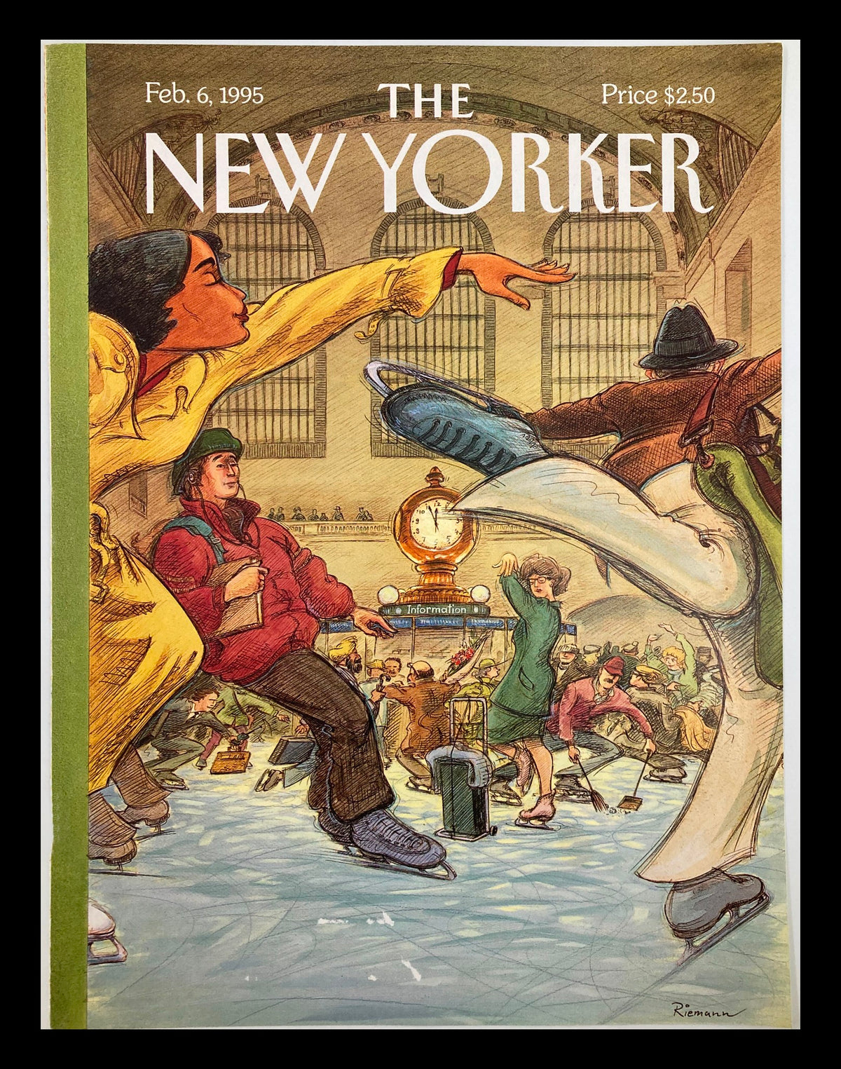 Cover of The New Yorker dated February 6, 1995, featuring artwork titled 'Grand Central Rink' by George Riemann, illustrating a lively winter scene with people skating at Grand Central Terminal.