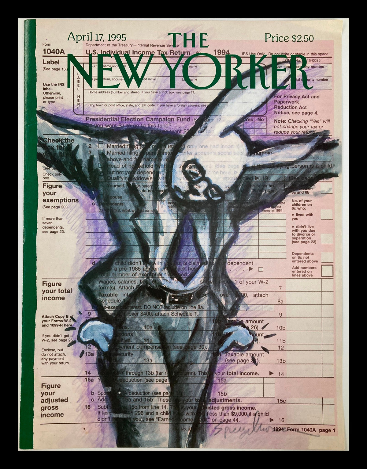 Cover of The New Yorker magazine dated April 17, 1995, featuring an illustration titled 'Theology of the Tax Cut' by A. Spiegelman, showcasing an artistic depiction related to tax forms and political satire.