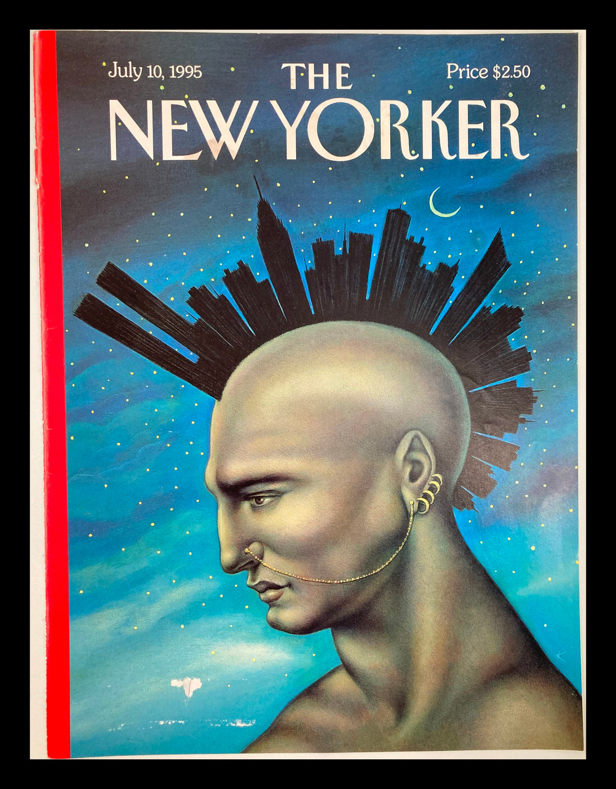 Cover art of The New Yorker July 10, 1995, titled 'Mohawk Manhattan' by Anita Kunz, featuring a profile of a man with a striking mohawk made of city skyline silhouettes against a starry night background.