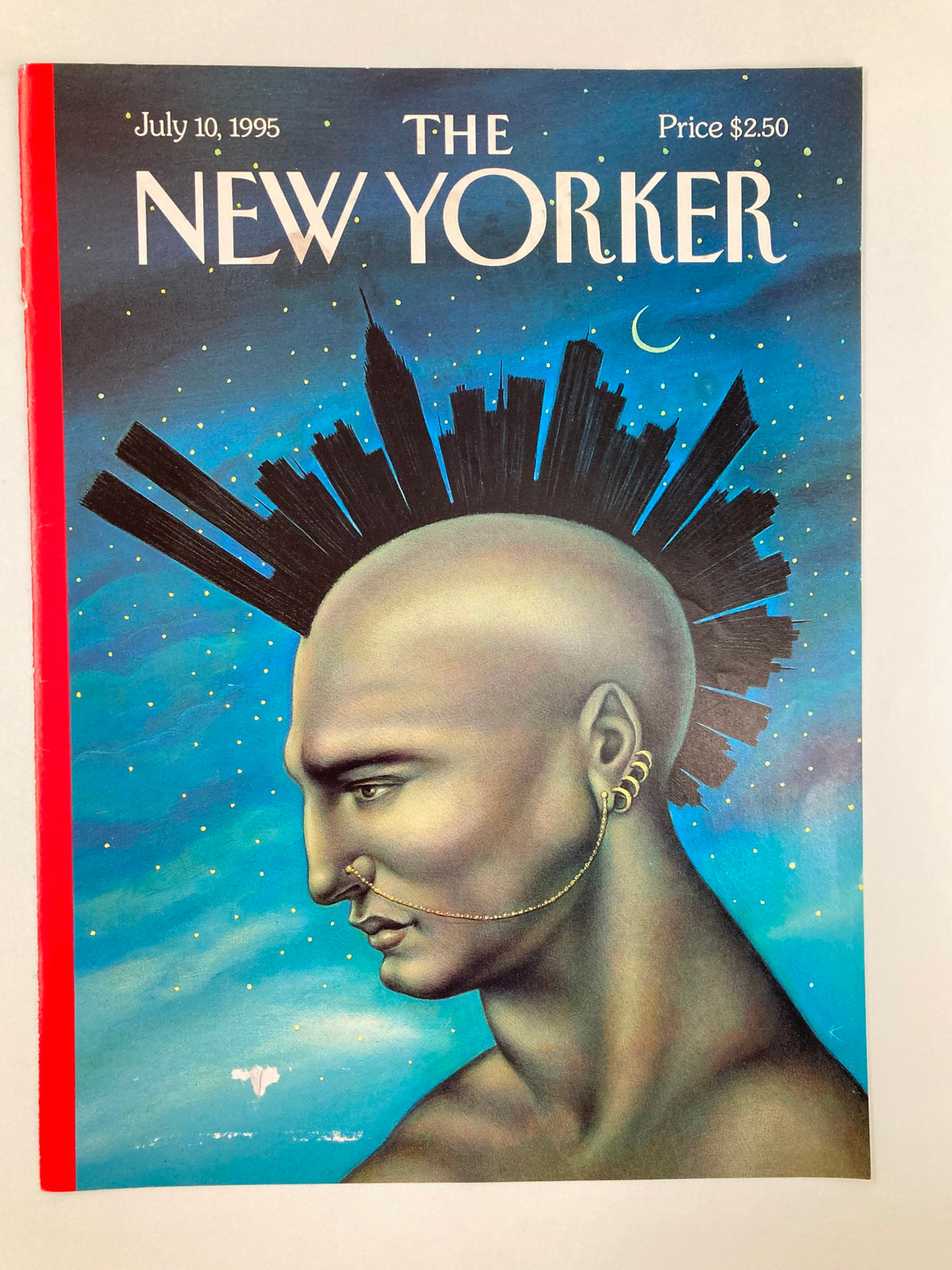 The New Yorker magazine cover from July 10, 1995, showcasing 'Mohawk Manhattan' by Anita Kunz, displaying a bold image of a man whose head features a city skyline mohawk, complemented by a blue and black starry sky.
