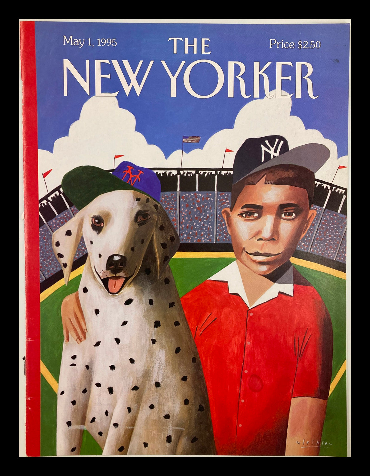 Cover of The New Yorker dated May 1, 1995, featuring whimsical artwork by Mark Ulriksen, depicting a boy and a Dalmatian dog in baseball caps, with a stadium backdrop.