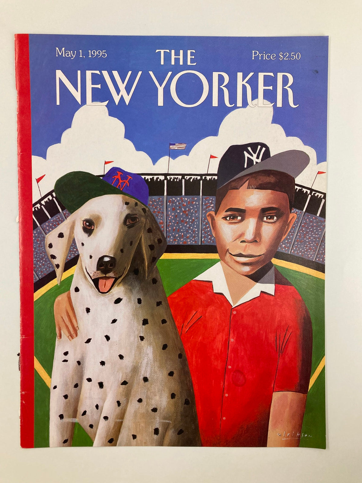 The New Yorker cover from May 1, 1995, showcasing playful art by Mark Ulriksen, illustrating a young boy and a Dalmatian dog, both wearing baseball caps, set against a baseball stadium.