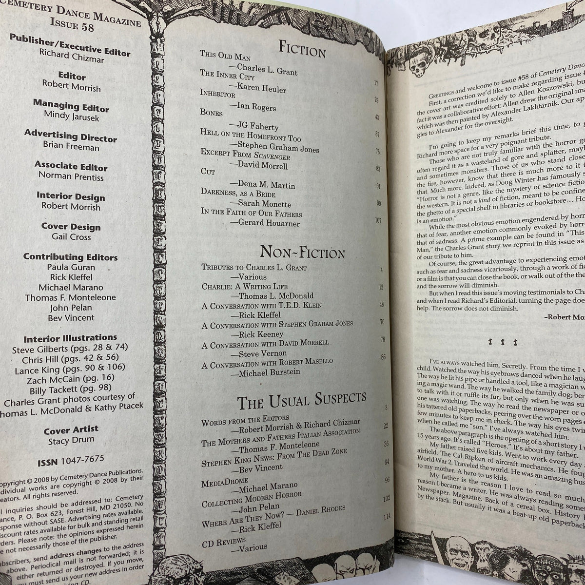 Inside pages of Cemetery Dance Magazine Issue 58 featuring the table of contents and various fiction and non-fiction contributions, showcasing a tribute to Charles L. Grant.