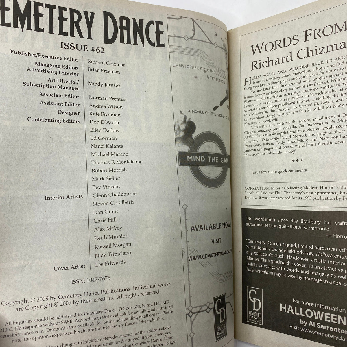 Interior page of Cemetery Dance Magazine October 2009 #62 displaying the issue details and editorial staff, reflecting the publication's dedication to horror literature.
