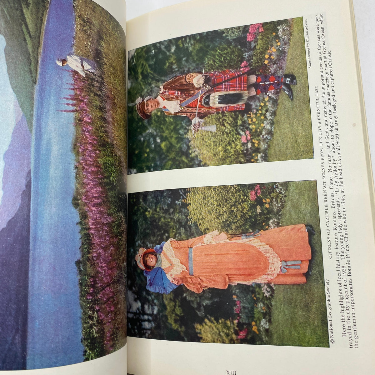 Vintage National Geographic Magazine May 1929 featuring color photographs of historical fashion and scenic landscapes, with two women in traditional attire in a vibrant garden setting.