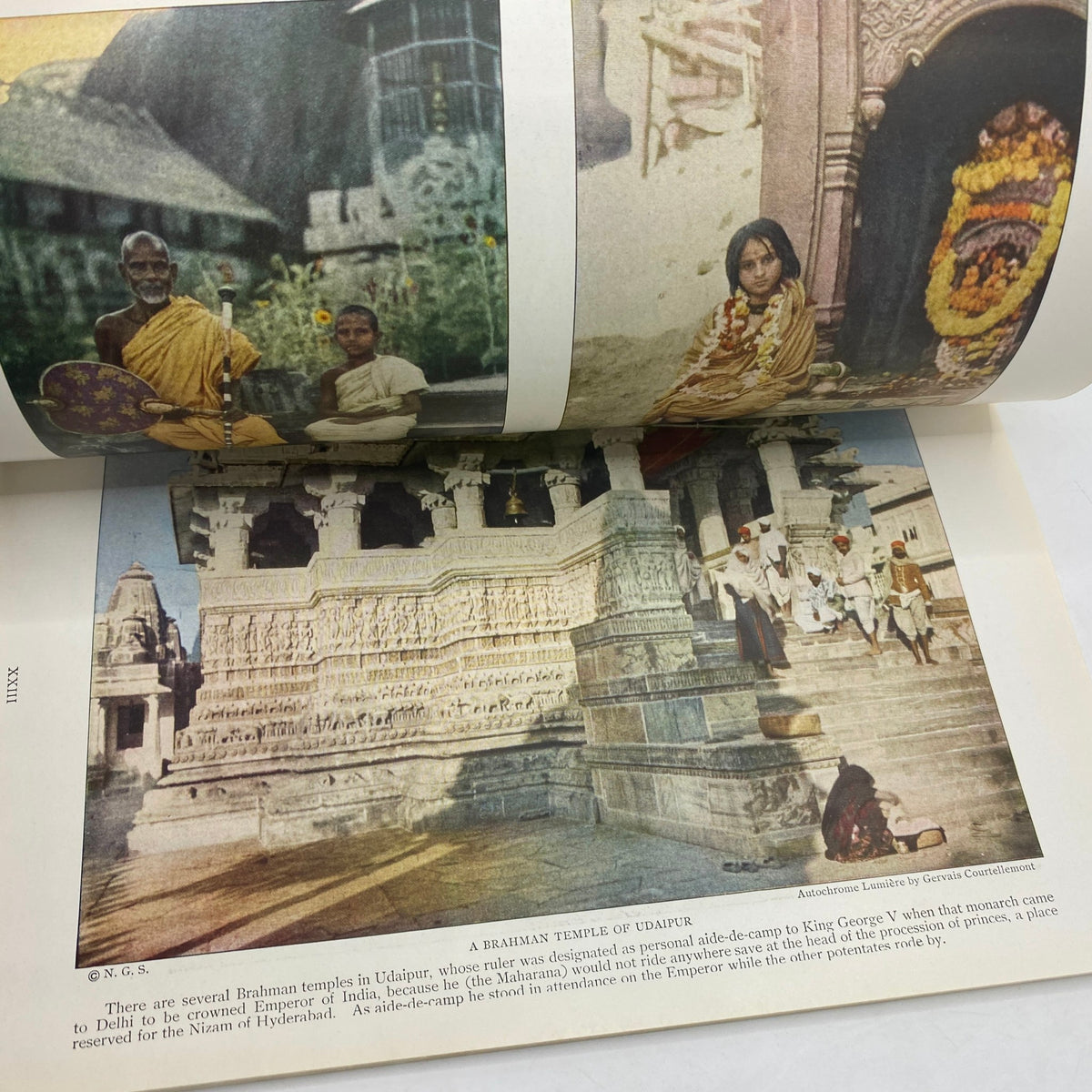 Interior page of VTG National Geographic Magazine July 1926 showcasing a colorful double-page spread featuring a Brahmin temple in Udaipur, India.