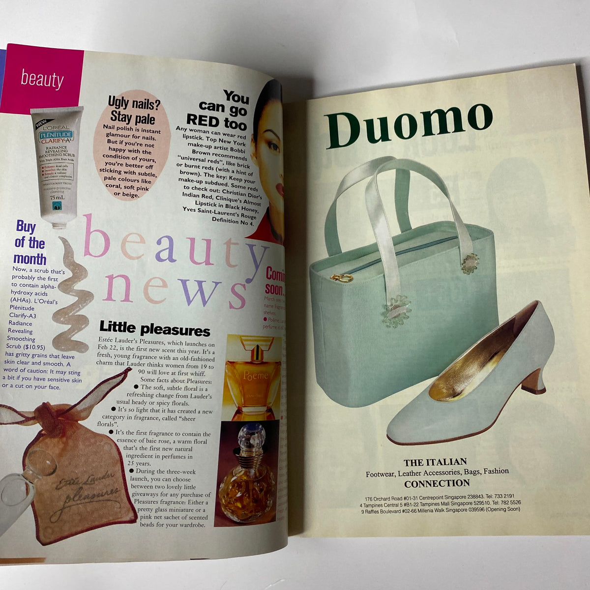 Her World Magazine March 1996 - Beauty section highlighting monthly beauty news, featuring product recommendations and accessories.
