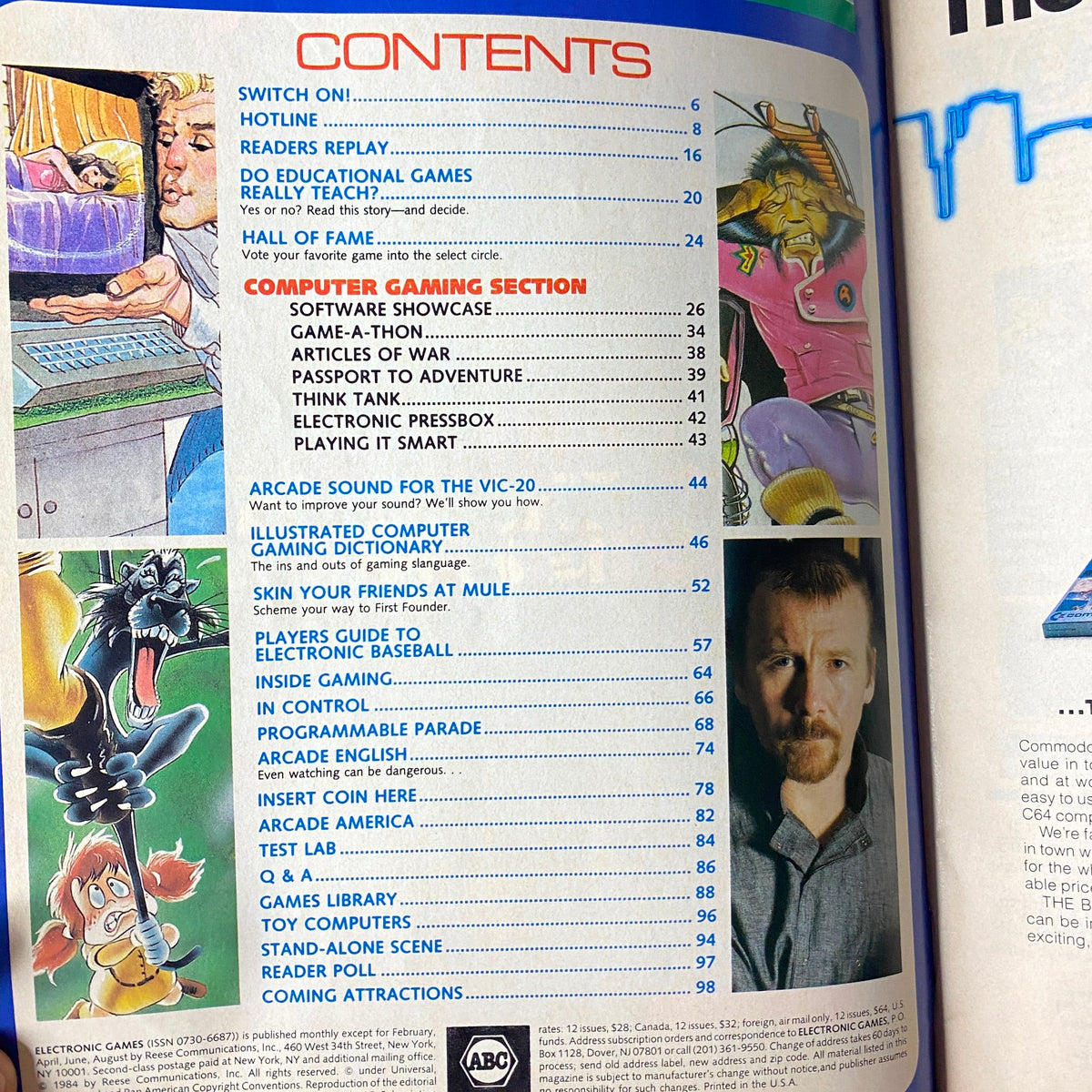 Table of contents page from Electronic Games Magazine July 1984 Guide to Electronic Baseball Games, listing sections like Player's Guide to Electronic Baseball and Do Educational Games Really Teach?.