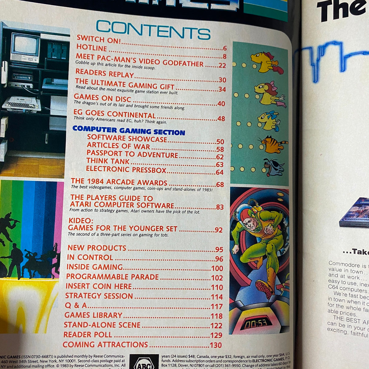 Contents page of Electronic Games Magazine January 1984, highlighting featured articles including the new Computer Gaming Section and various gaming topics such as strategy sessions and reader polls.