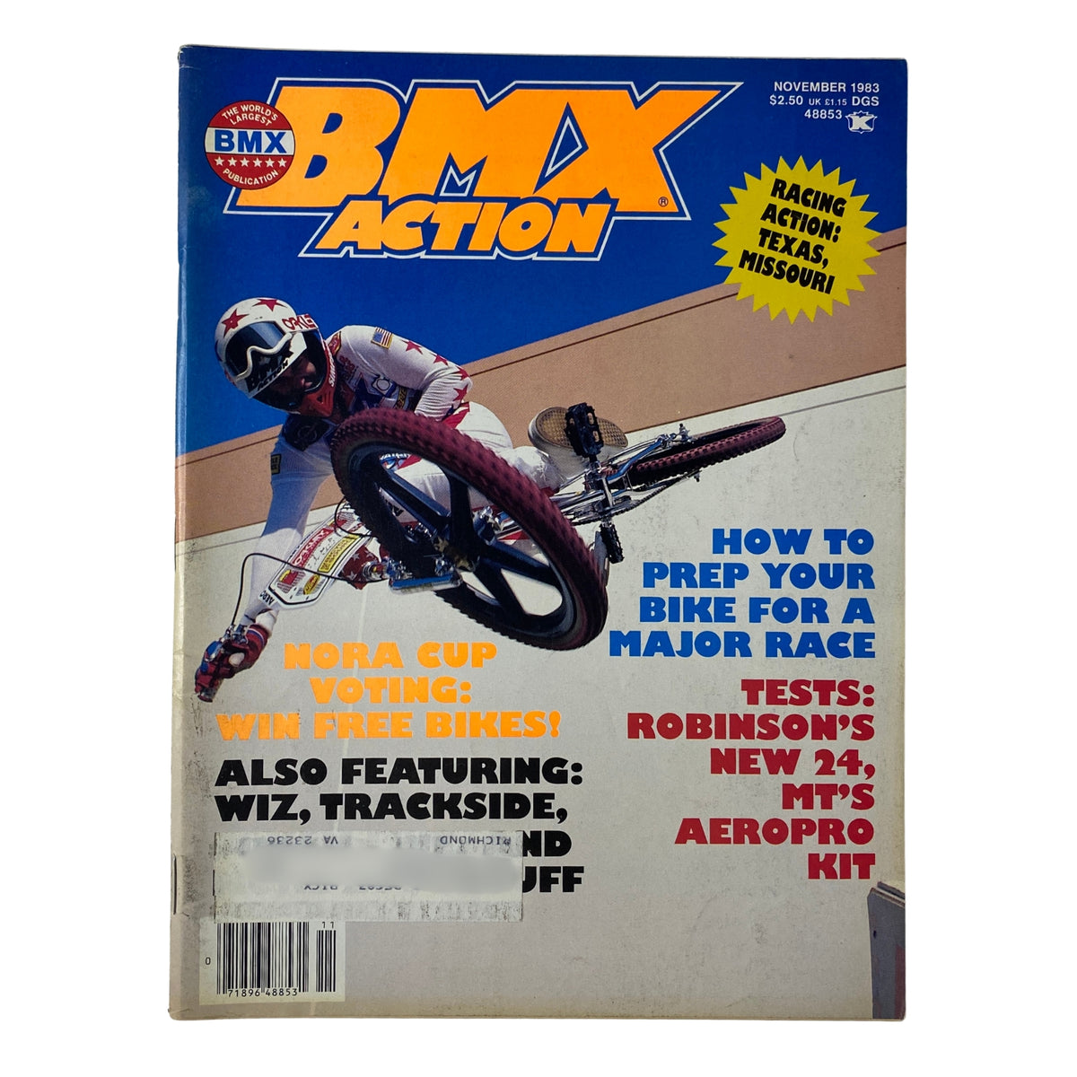 BMX Action Magazine November 1983 cover featuring R.L. Osborn in mid-air on a BMX bike. The magazine includes highlights such as racing coverage, how-to guides, and product tests.
