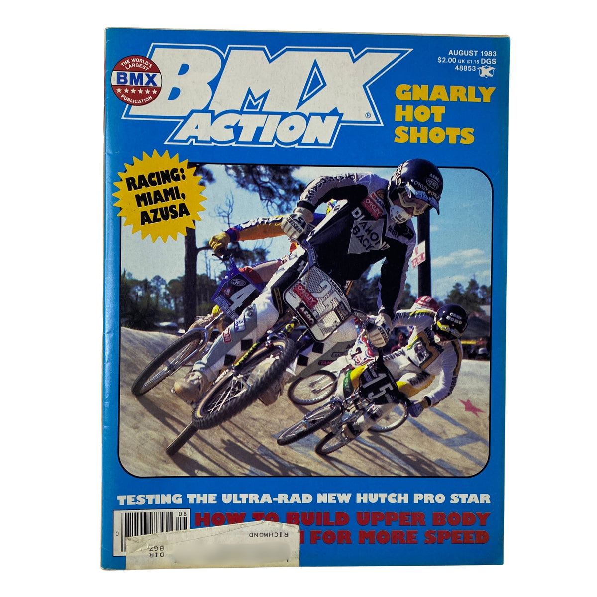 BMX Action Magazine August 1983 cover featuring Turbo Harry at Miami, showcasing vibrant BMX racing action and freestyle tricks.