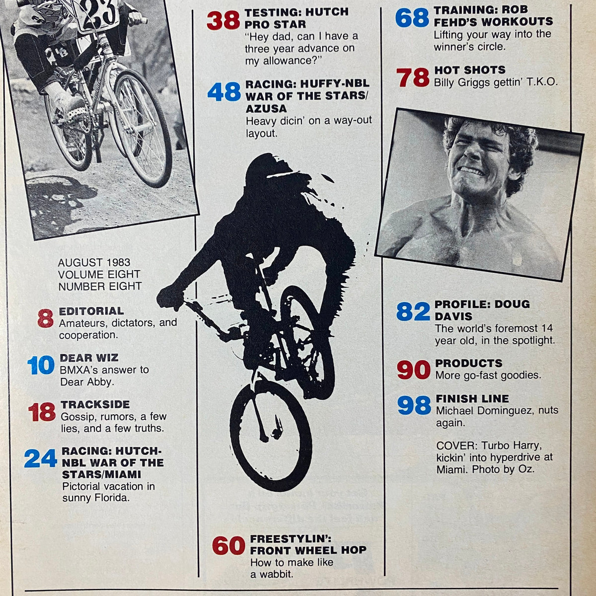 Inside page from BMX Action Magazine August 1983 listing featured articles including 'Testing: Hutch Pro Star' and 'Racing: Hutch-NBL War of the Stars/Azusa'.
